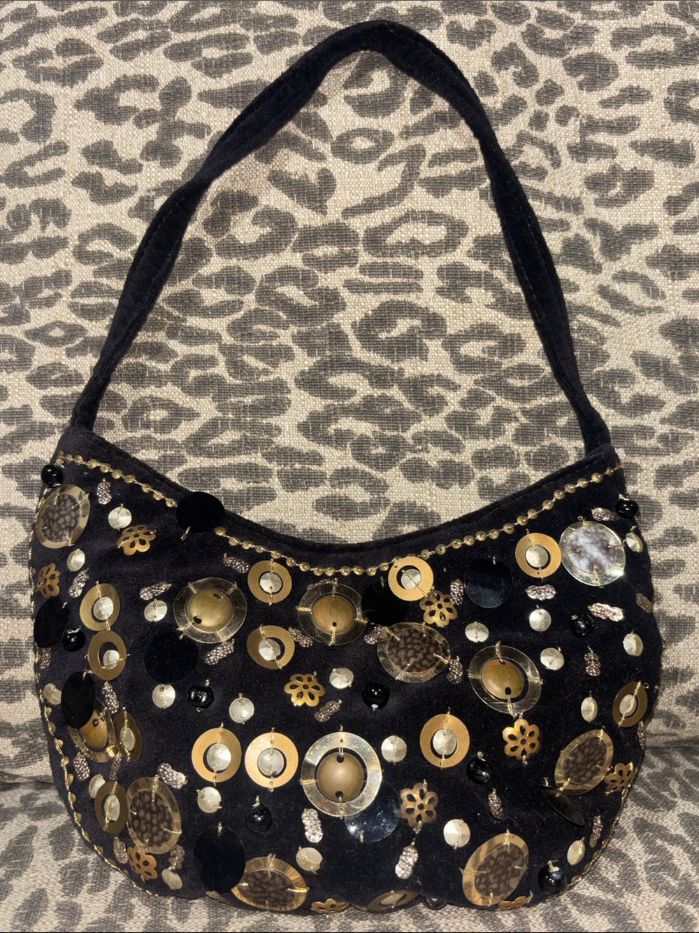 Beaded evening bag black velvet small shoulder bag sequin mixed metallic dressy - Picture 2 of 11